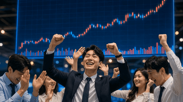 주식 시장 성공을 축하하는 흥분한 거래자들