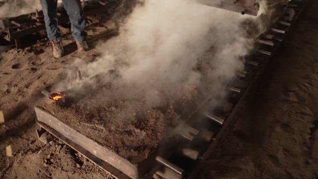 Workers handling hot metal in a factory