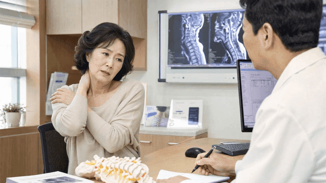 Middle-aged female patient consulting doctor about neck pain