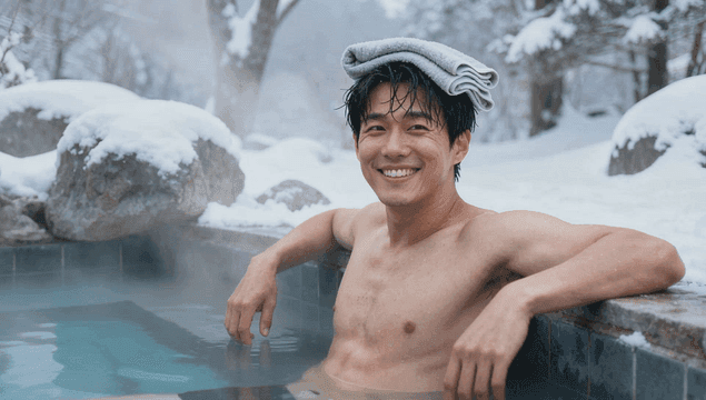 눈 덮인 노천탕에서 휴식을 취하는 남성