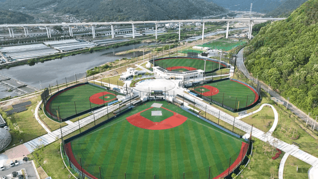 Baseball fields surrounded by mountains