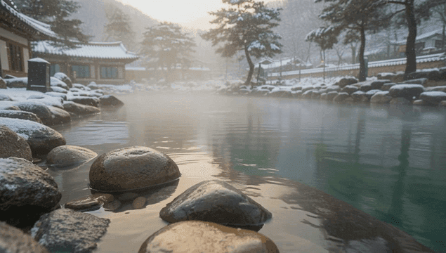 전통 한옥 있는 눈 덮인 온천