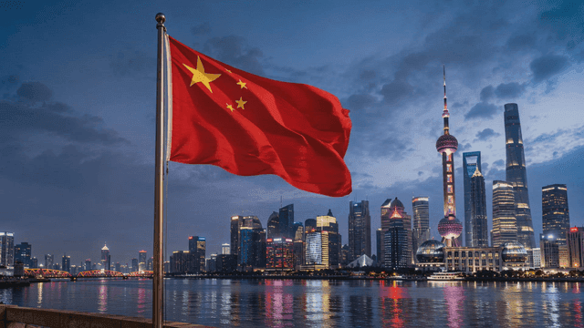 City skyline at night and Chinese flag