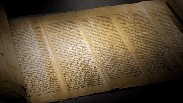 고대 두루마리를 신중히 조사하는 모습