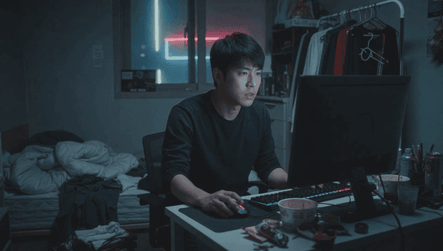 Man focused on his computer in a dim room
