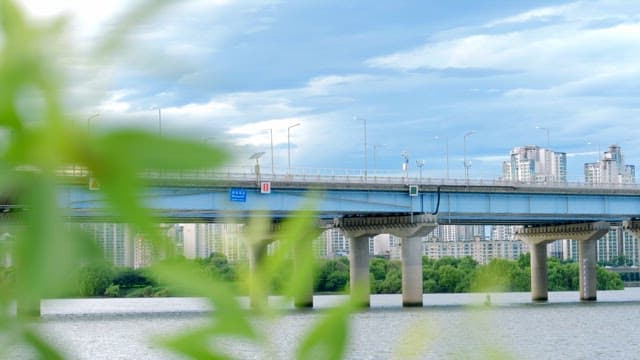 Riverside view with cityscape and bridge