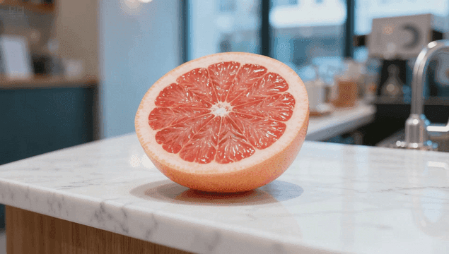 대리석 조리대 위의 반쪽 자몽