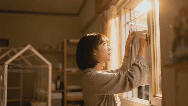 아침 햇살 속 빨래를 널고 있는 여성