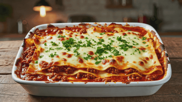 Freshly baked lasagna with herbs