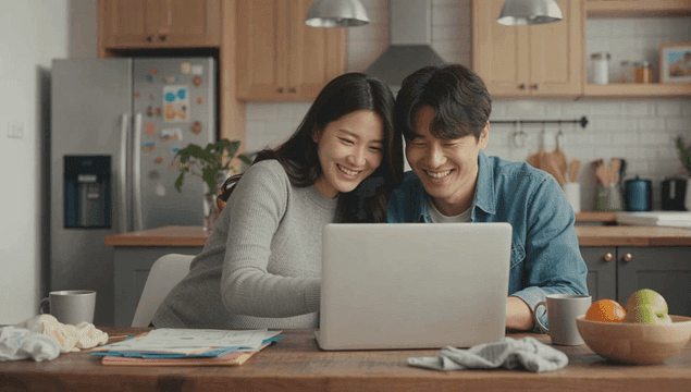 식탁에서 임신한 아내와 노트북을 보는 남편