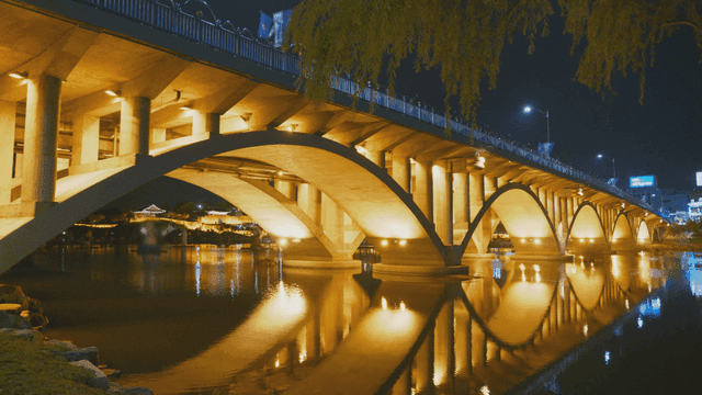 Illuminated bridge over a calm river at night