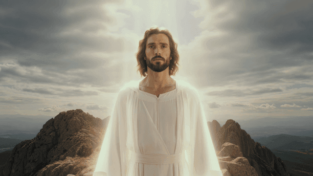 Peaceful Jesus in white on rocky mountain