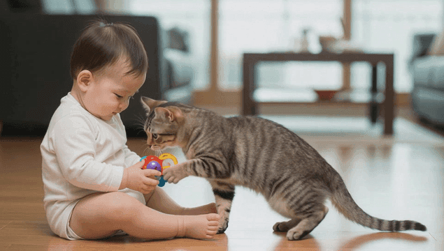 Baby playing with a cat in home