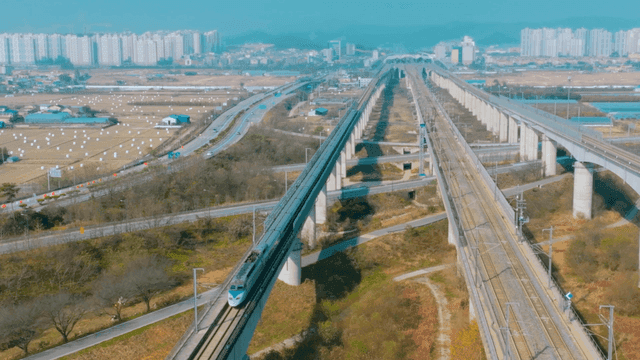 High-speed train running on elevated track