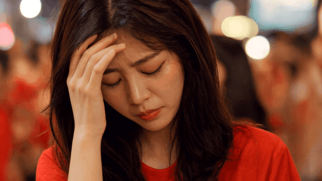 Woman wearing red T-shirt looking stressed