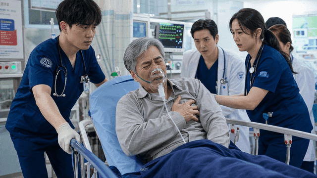 Emergency room medical staff helping elderly patient