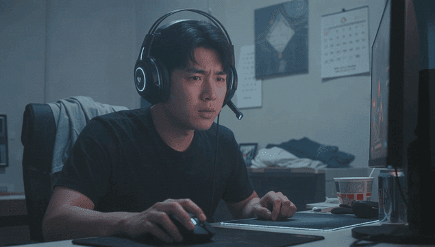 Man focused on playing a computer game