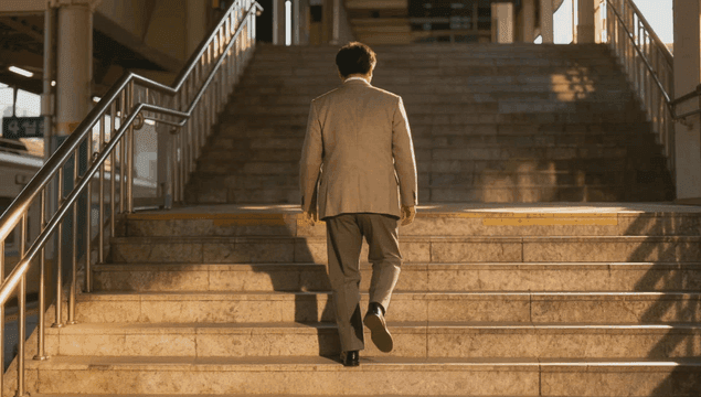 Man in a suit climbing the stairs of a subway station