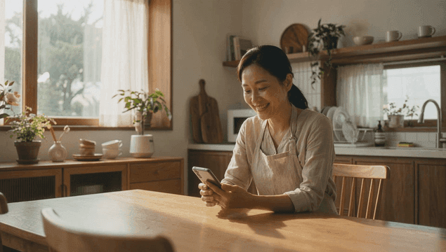 스마트폰을 사용하며 미소 짓는 여성