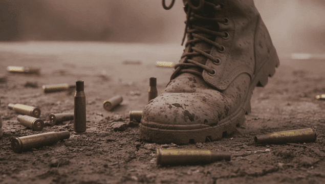 먼지 묻은 군화와 땅에 떨어진 탄피