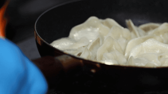 Dumplings cooking in a pan