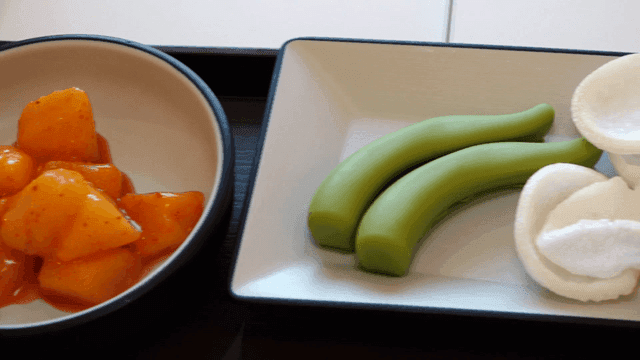 Dessert arranged like Korean food side dishes on tray