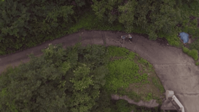 숲길에서 유모차를 끌고 걷는 노인