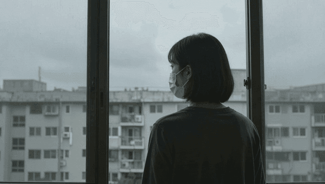 창밖을 바라보는 마스크 쓴 여성