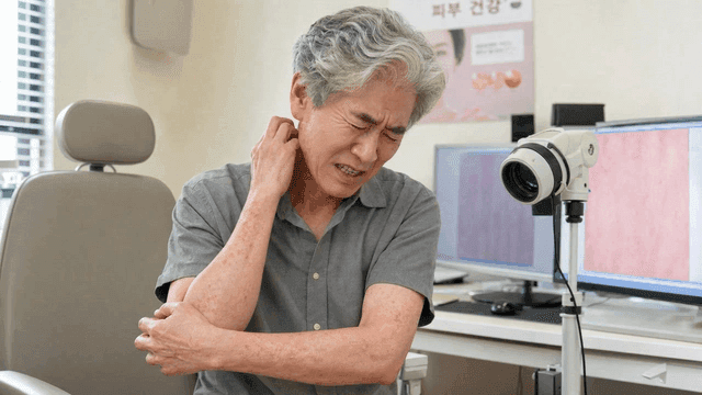An elderly man with a skin condition in a clinic