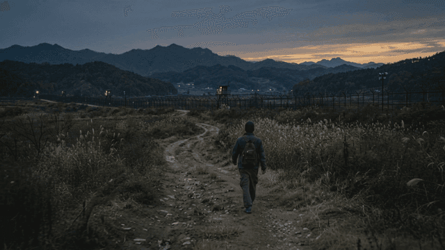 Person walking on country road in front of barbed wire fence