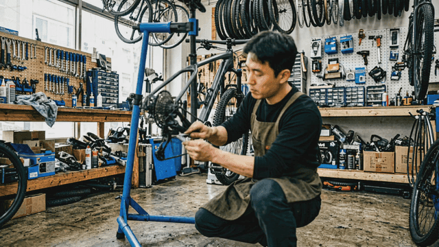 Mechanic repairing bicycle in workshop