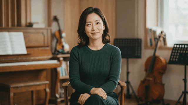 Woman sitting in music room with musical instruments