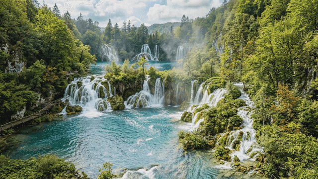 Series of waterfalls in blue forest