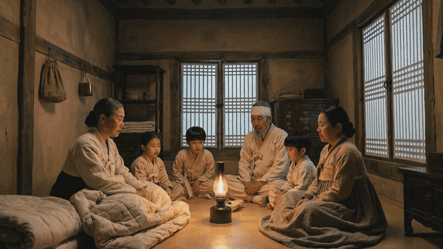 Poor family gathered under lamp inside Hanok