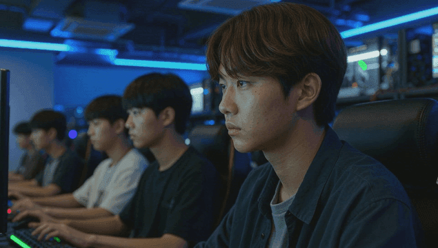 Students focused on gaming in a internet cafe