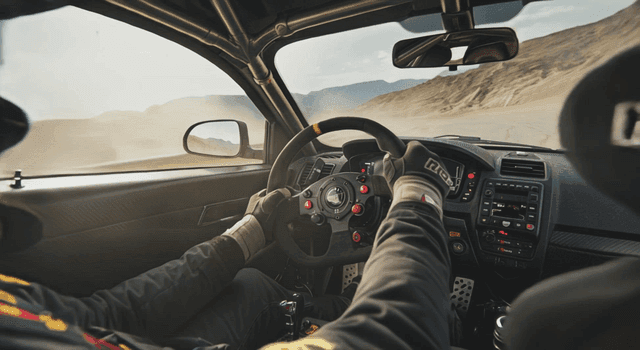 먼지 나는 트랙을 달리는 랠리 드라이버