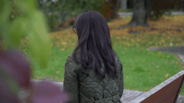 Back view of woman sitting on park bench in autumn looking at her smartphone