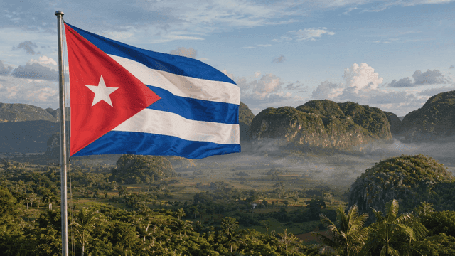 Cuban flag waving over lush green landscape