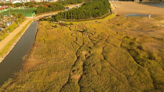 Vast grassland with a river and sports field