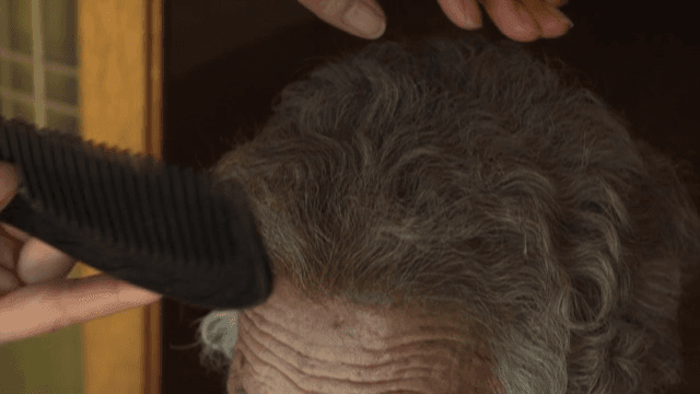 노인의 머리를 부드럽게 빗질하는 장면
