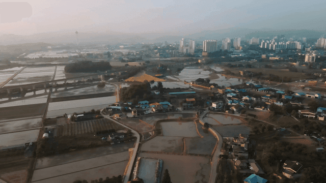 Rural village with rice paddies and city scenery