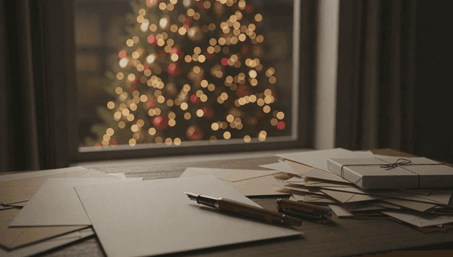 테이블 위의 크리스마스 카드와 선물