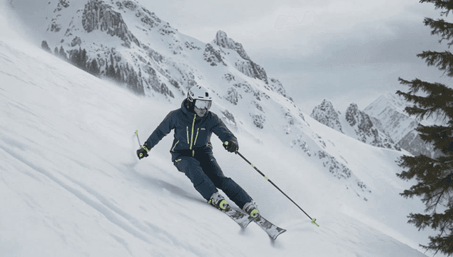 눈 덮인 경사를 빠르게 내려가는 스키타는 사람