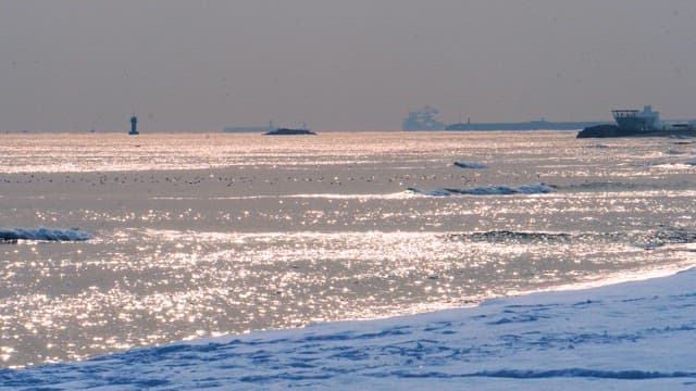 Snow-covered beach with sparkling ocean water on a clear day