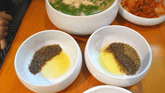 Warm chicken kalguksu and perilla oil sauce