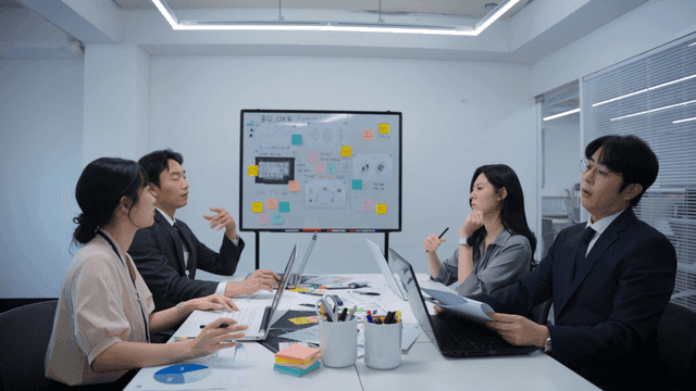 Office meeting with focused discussion