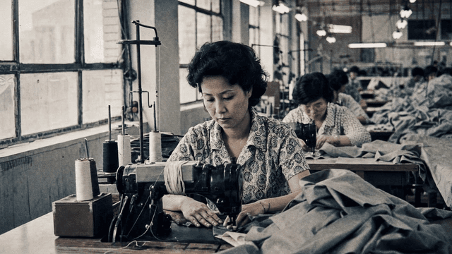 Women sewing in clothing factory in 70s