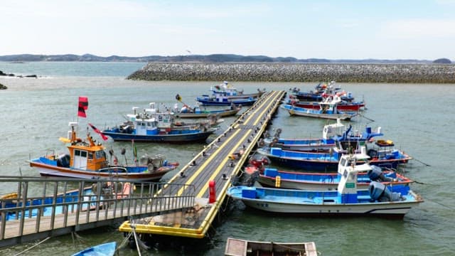 Boats docked at a pier on a tranquil sea day