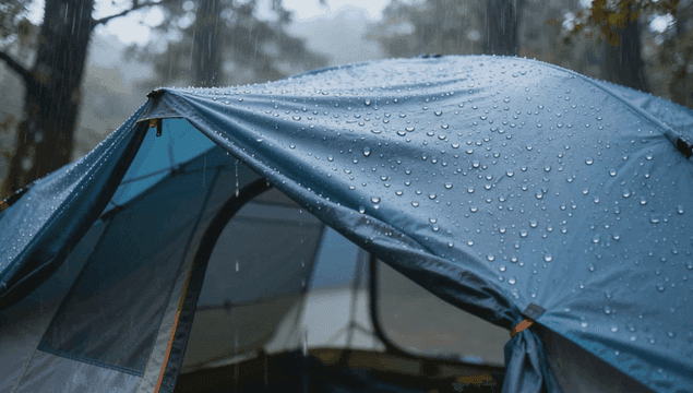 빗속의 물방울이 맺힌 텐트