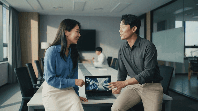 Colleagues discussing work while looking at laptops in conference room